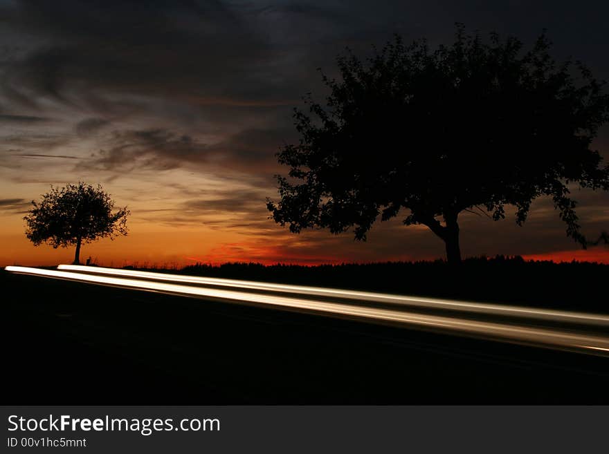 Lights of a car, sunset, trees. Lights of a car, sunset, trees