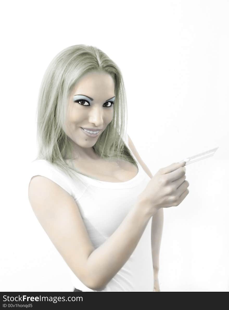 Shot of a girl with a credit card, with handdrawing effect. Shot of a girl with a credit card, with handdrawing effect