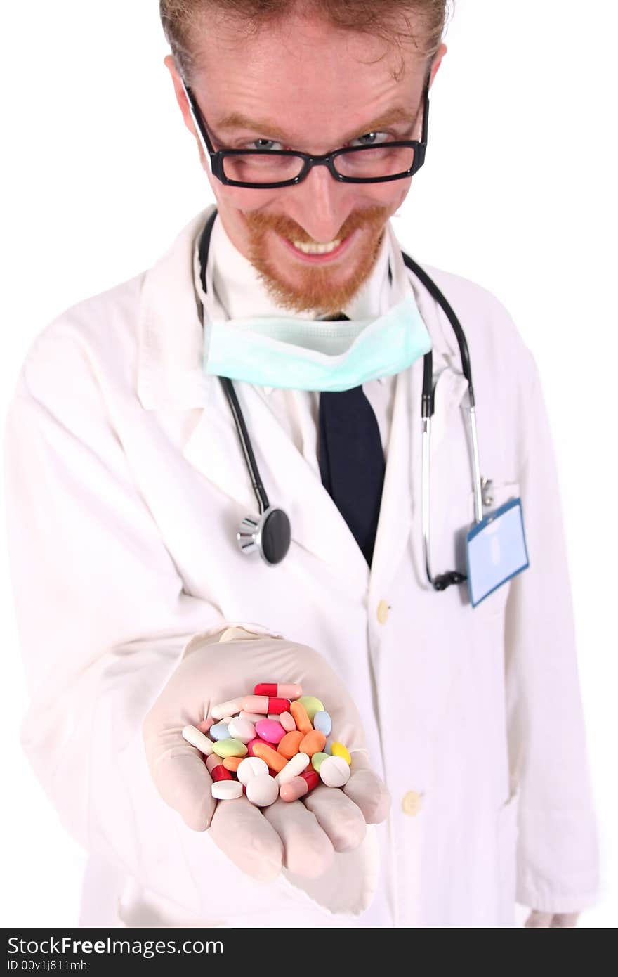 Doctor with tablets on white background