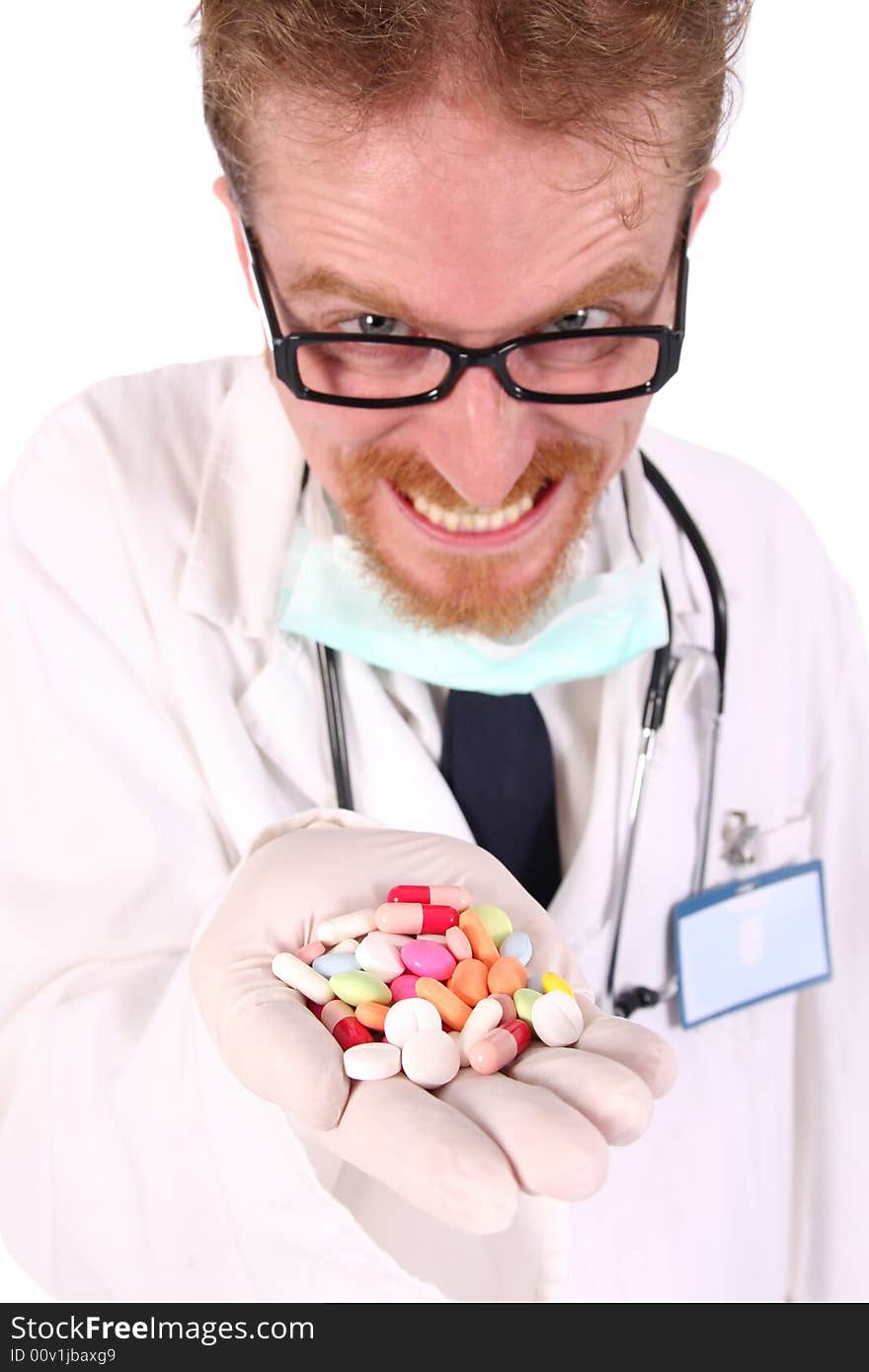 Doctor with tablets on white background