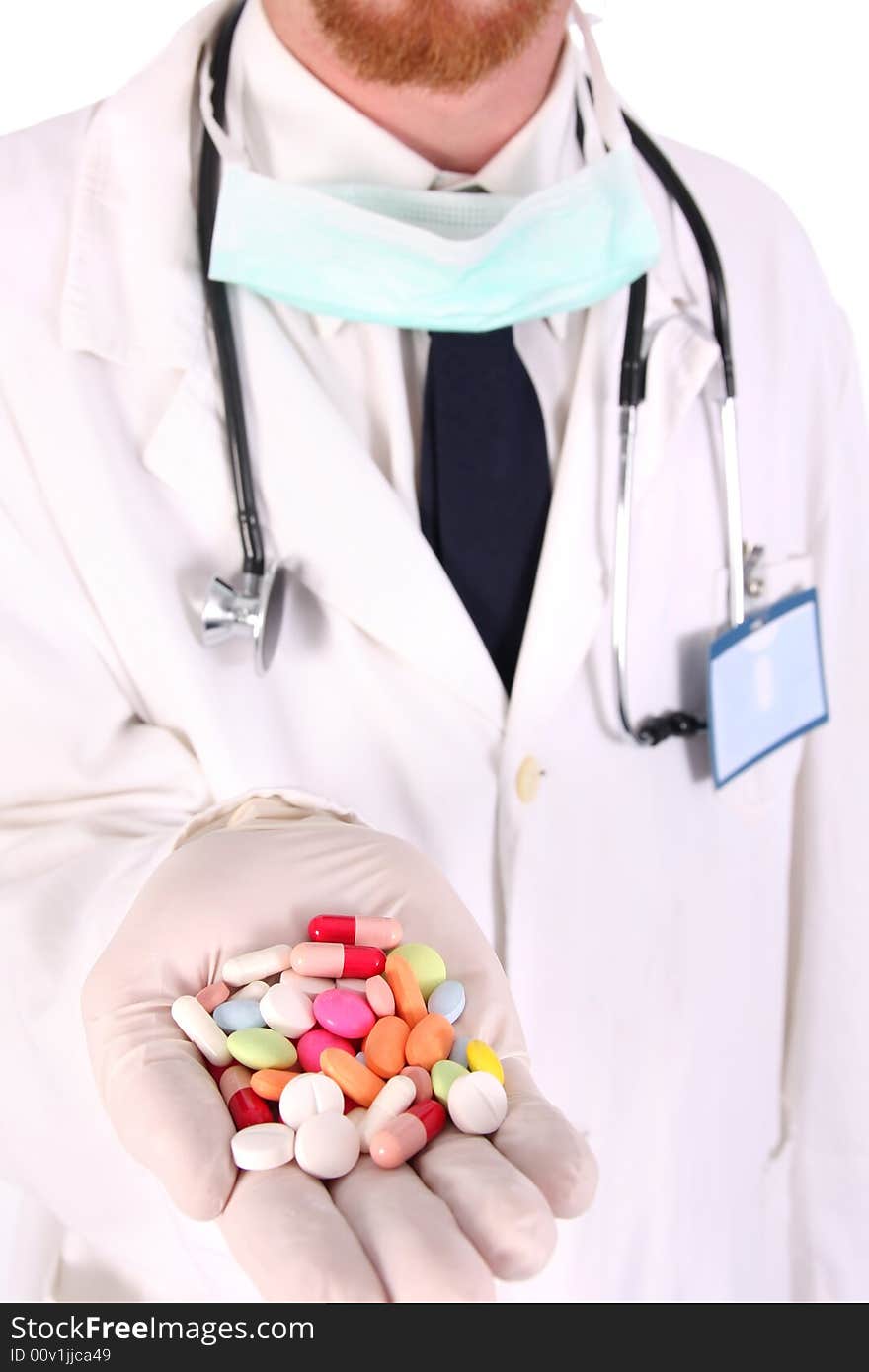 Doctor with tablets on white background