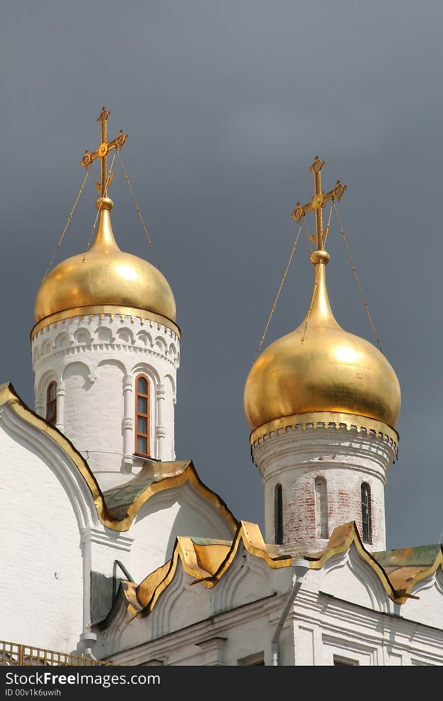 Golden domes of a church in the Kremlin, Moscow. Golden domes of a church in the Kremlin, Moscow