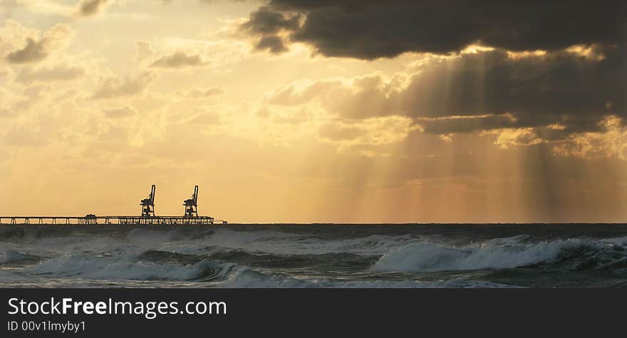 Panoramic picture of sunset over harbor on Mediterranean sea. Panoramic picture of sunset over harbor on Mediterranean sea.