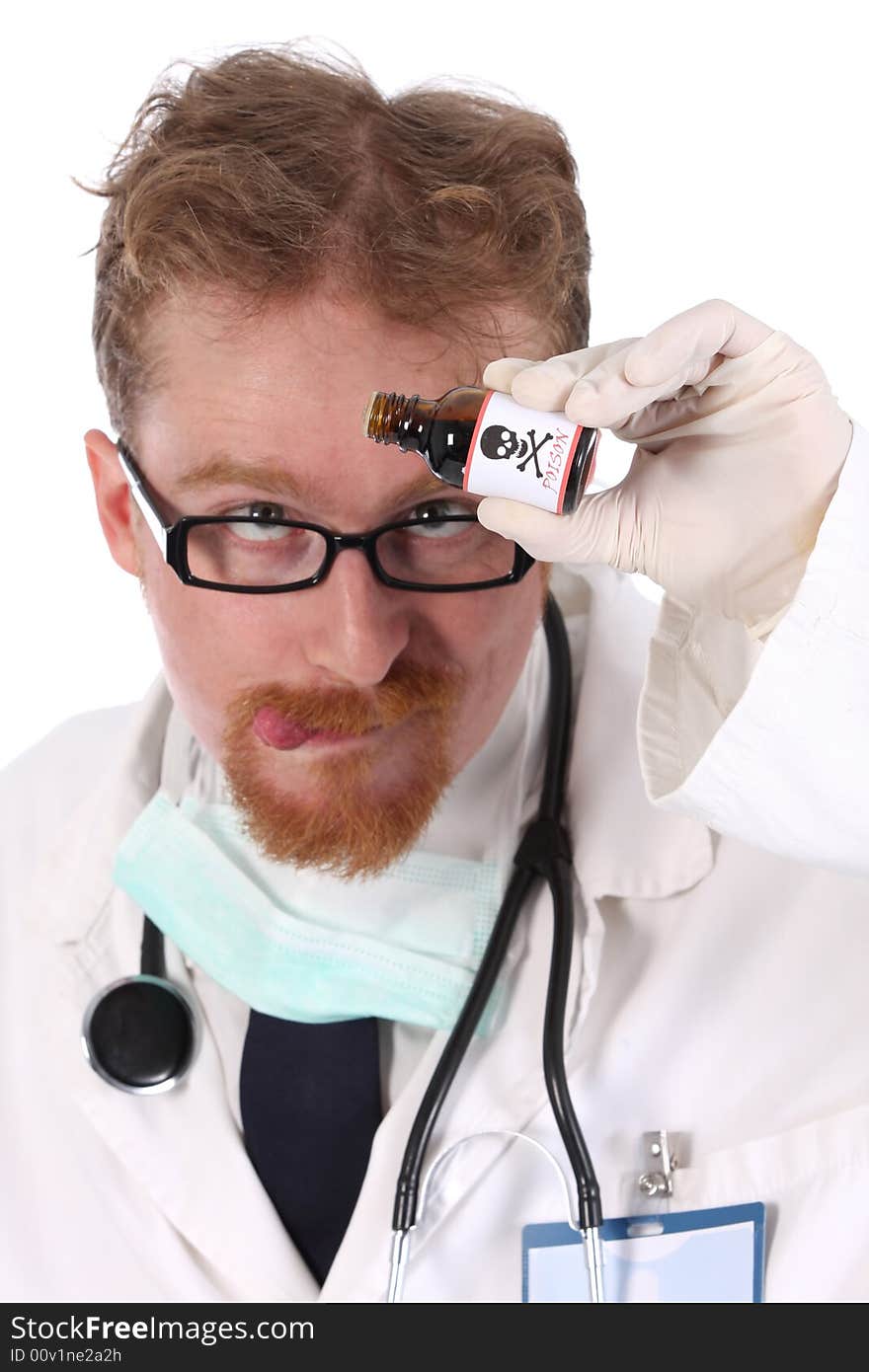 Doctor with poison bottle on white background