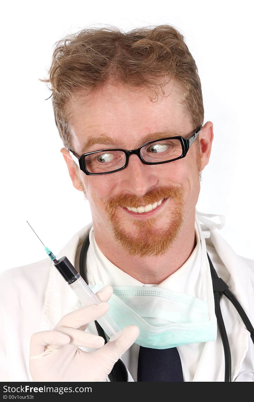 Doctor with injection on white background