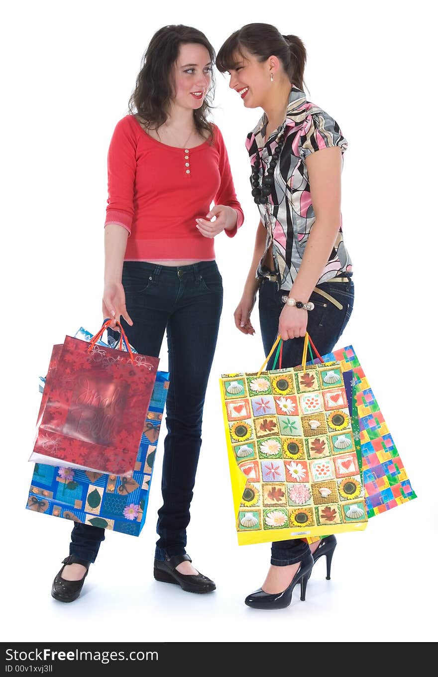 Expressive girls  on white background  shopping. Expressive girls  on white background  shopping