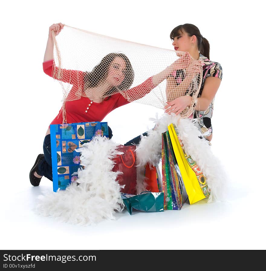 Expressive girls  on white background  shopping. Expressive girls  on white background  shopping