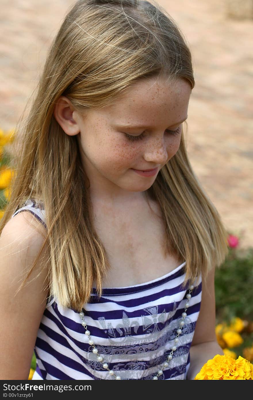 A white caucasian child looking at a yellow flower. A white caucasian child looking at a yellow flower