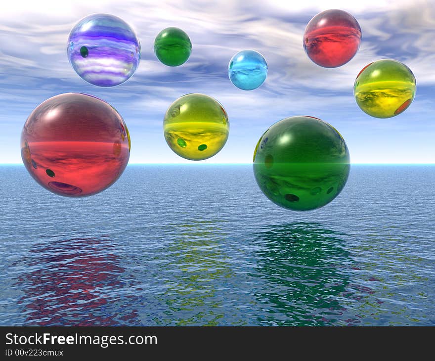 Multicolor rising balls from sea surface - 3d illustration.