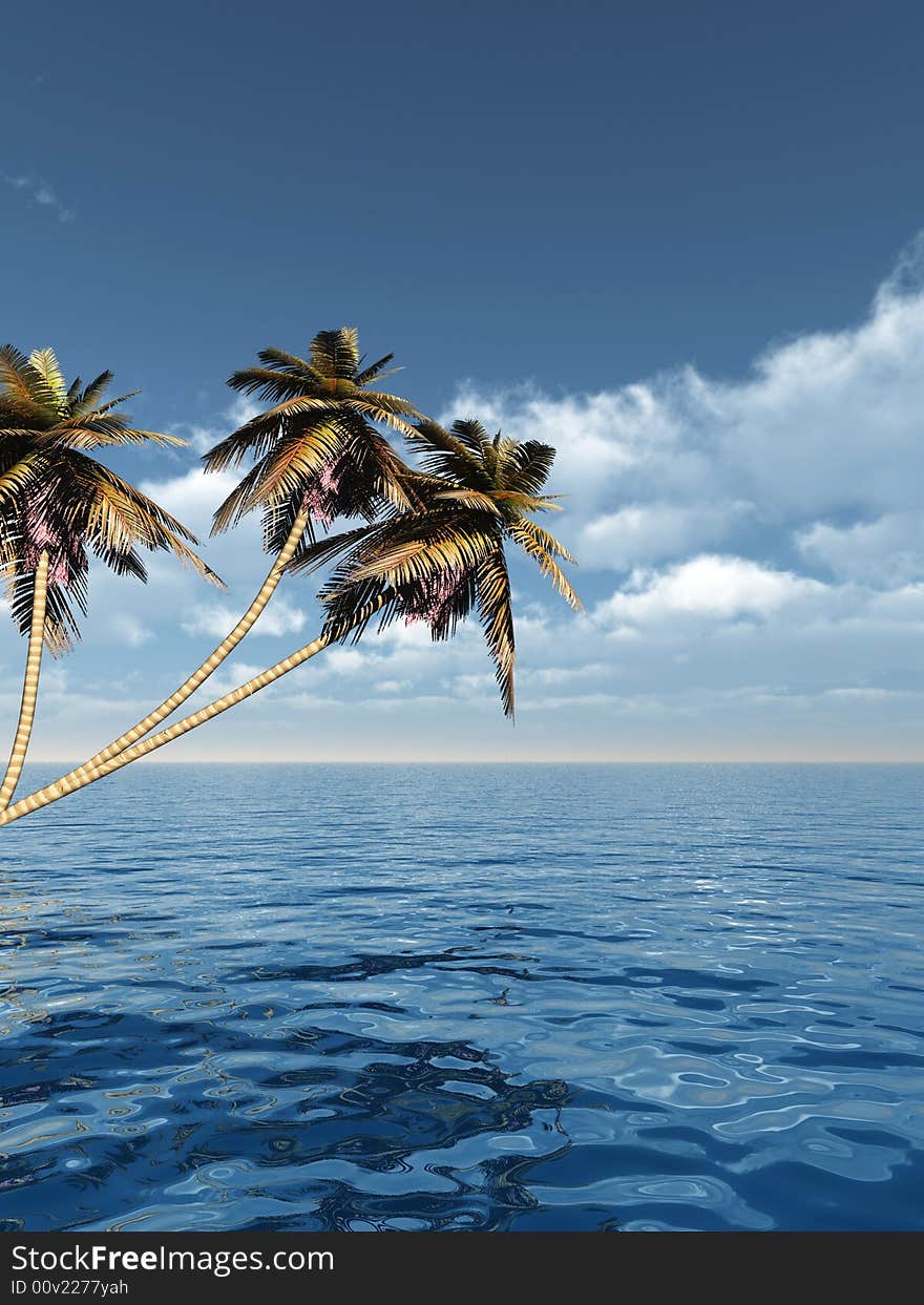 Coconut palm trees on a small island - digital artwork. Coconut palm trees on a small island - digital artwork