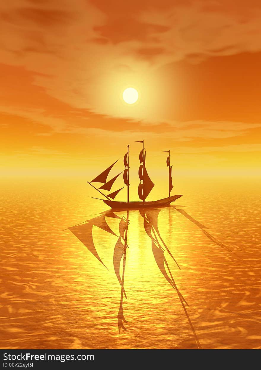 Ship and  sunset  sky - 3d landscape scene .