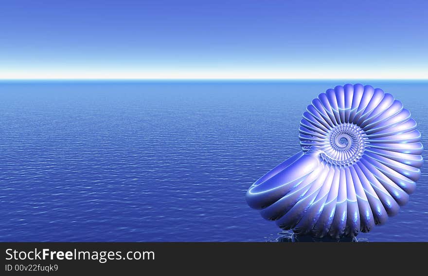 Shell on the sunset sea beach - 3d illustration.