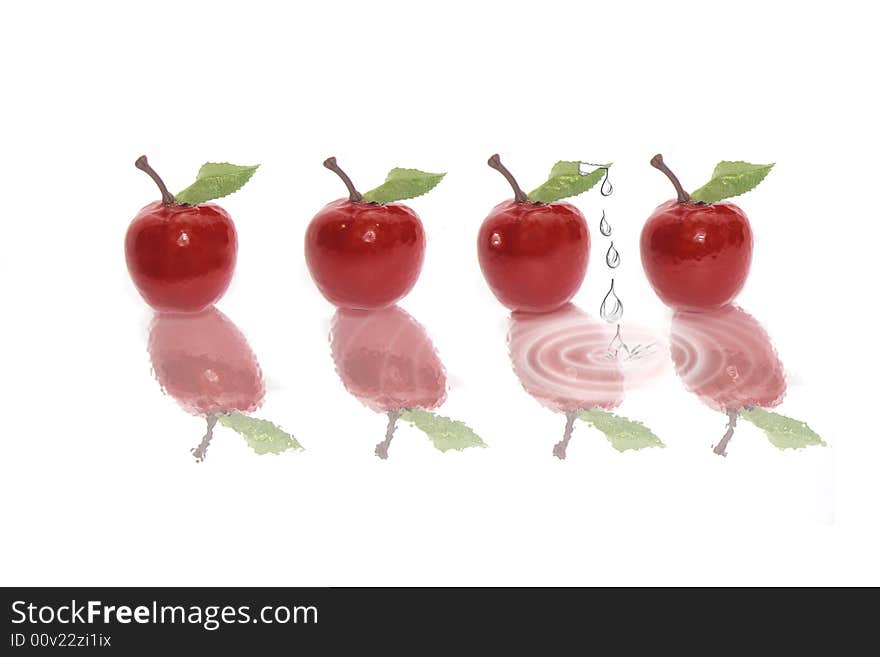 Four red apples on a white background with rain drops. Four red apples on a white background with rain drops