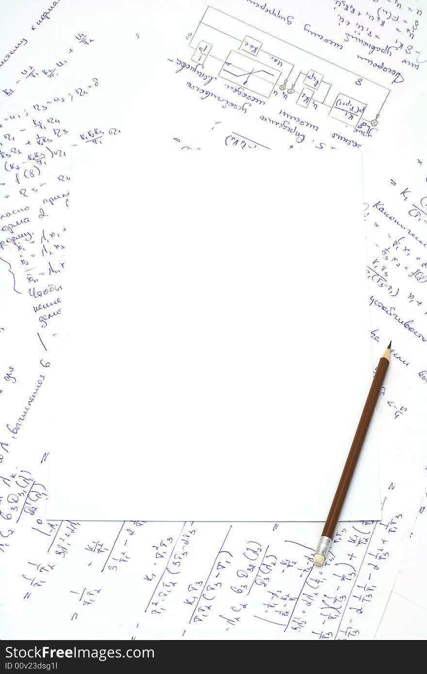 Sheet of clear paper and pencil on background of formulas and graphics. Sheet of clear paper and pencil on background of formulas and graphics