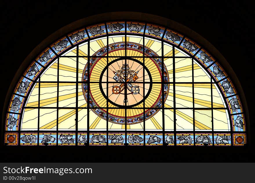 Stained glass window of key door