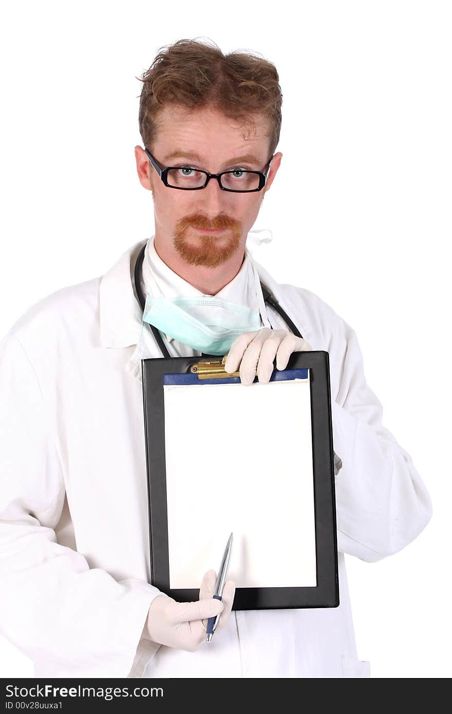 Doctor holding a folder of information on white background