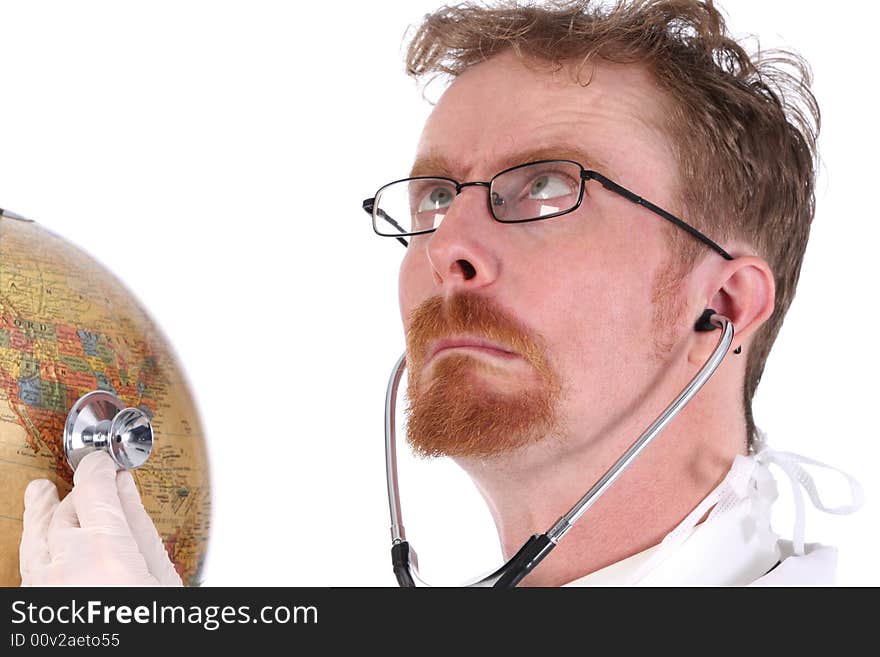 Details funny doctor examine a globe with stethoscope