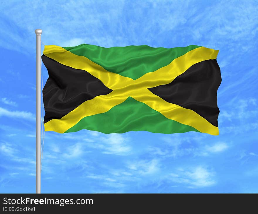 Illustration of waving Jamaican flag on blue sky. Illustration of waving Jamaican flag on blue sky