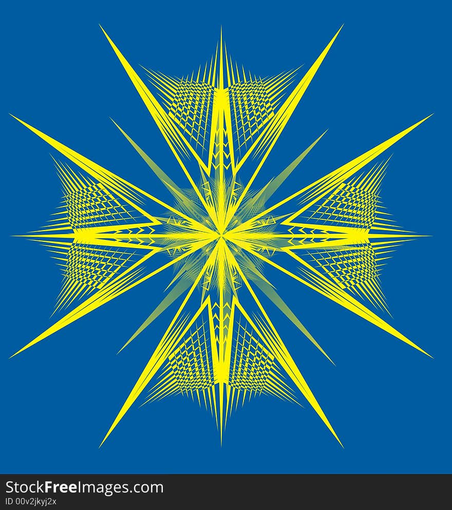 Yellow snowflake on a blue background, a picture. Yellow snowflake on a blue background, a picture