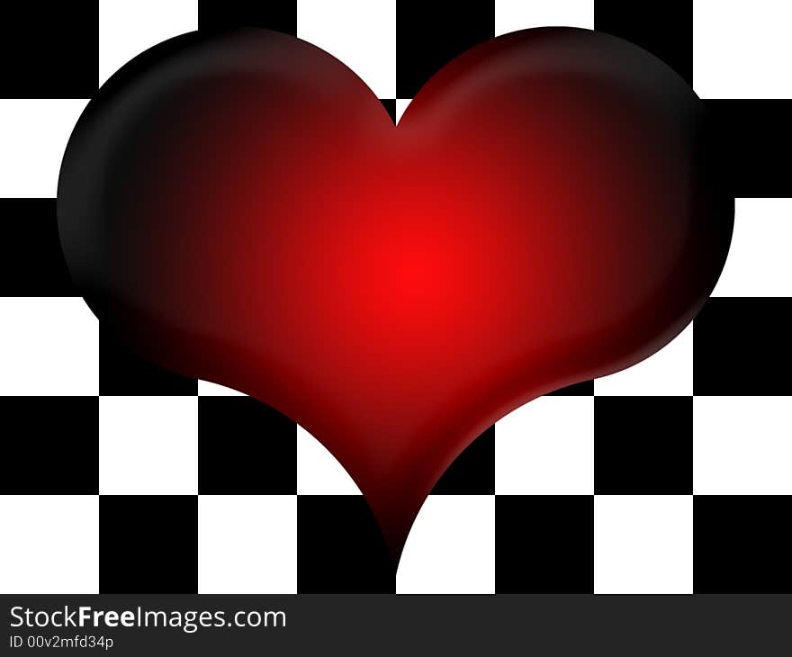 Red-and-black heart on a background of black and white squares