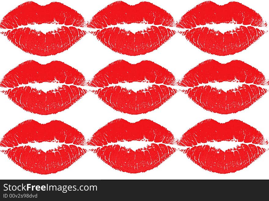 An image of lips stamps in red color. An image of lips stamps in red color