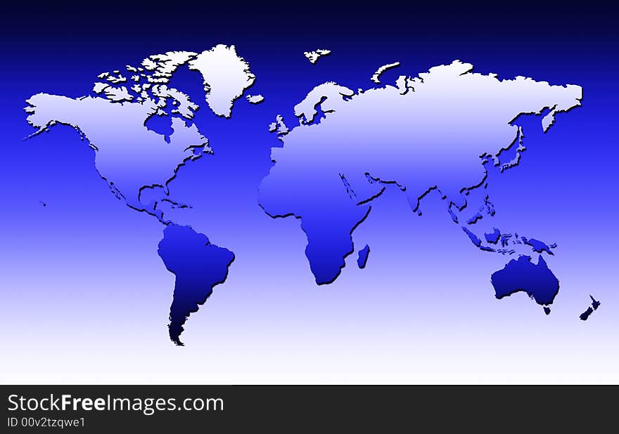 World Map With Small Shadow On A Blue Gradient Background. World Map With Small Shadow On A Blue Gradient Background