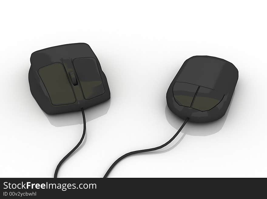 Two black pc mouses on white background