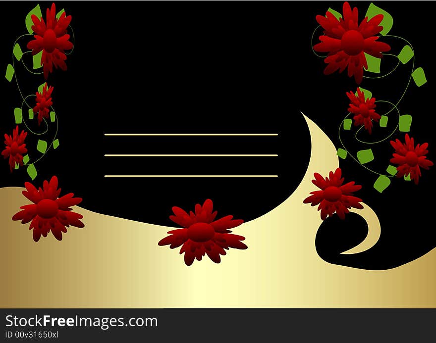 Red flowers on black and gold background