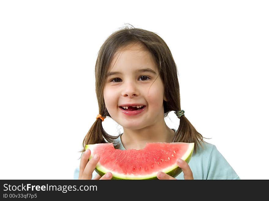 girl eating Watermelon isolated on white background