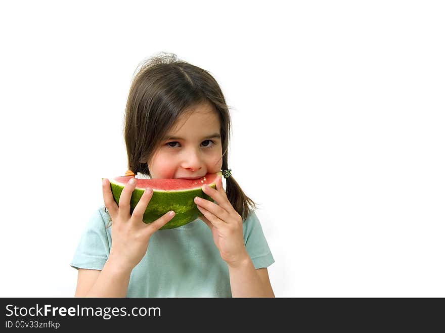 girl eating Watermelon isolated on white background