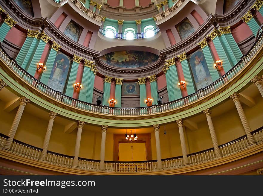 A view looking upwards at the various balconies and levels of the ornate dome of the historic Old Court House in St. Louis, Missouri. A view looking upwards at the various balconies and levels of the ornate dome of the historic Old Court House in St. Louis, Missouri.