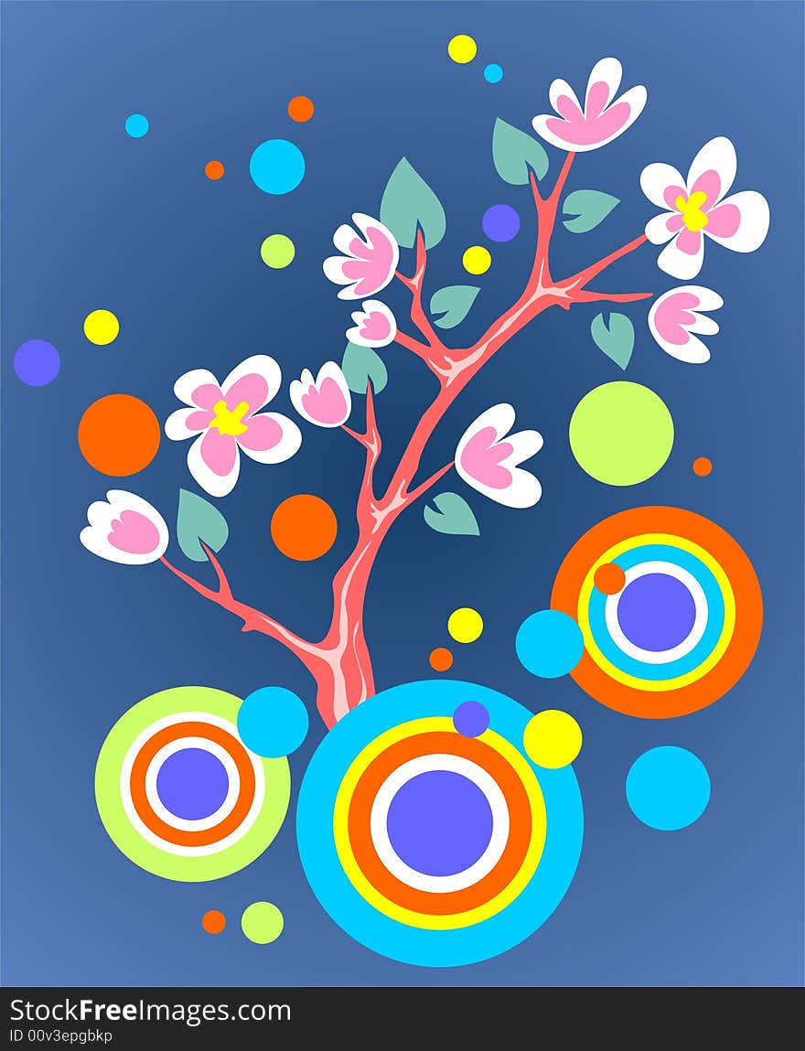 Blossoming branch of an apple-tree and abstract pattern on a dark blue background.