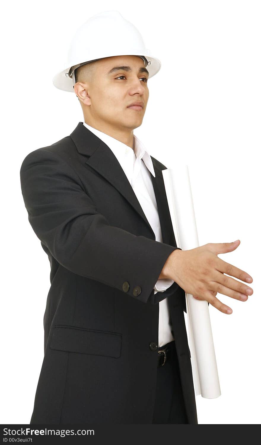 Close up of a man wearing hard hat offering hand shake. Close up of a man wearing hard hat offering hand shake