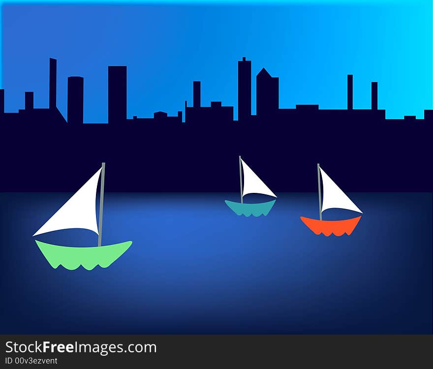 Sailboats floating in the harbor with skyline back round. Sailboats floating in the harbor with skyline back round.