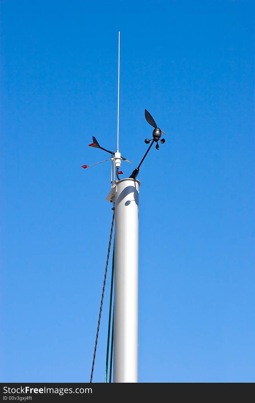 The top of a sailing ships mast against a blue sky