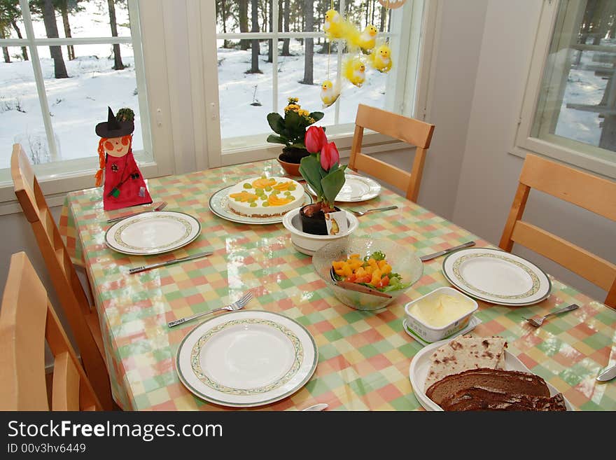 Table in a home decorated for Easter. Table in a home decorated for Easter