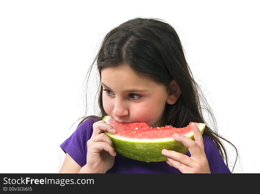 Girl eating Watermelon isolated on white background