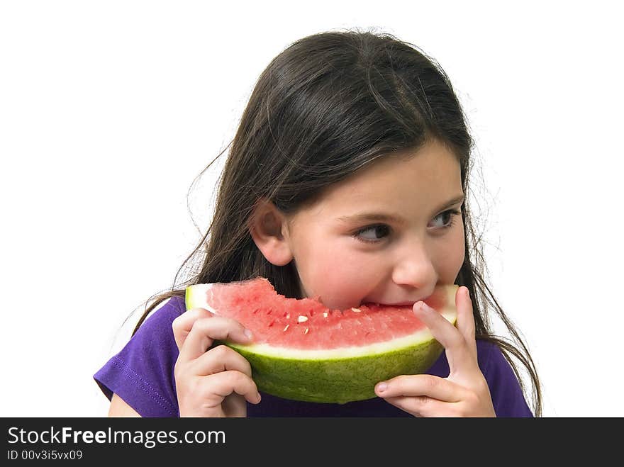 Girl eating Watermelon isolated on white background