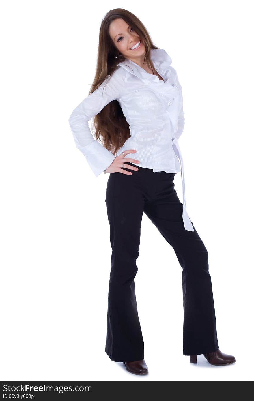 Brunette in business dress on white