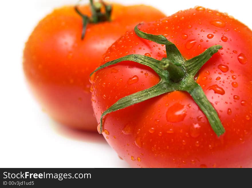 Perfect the tomatoes covered by drops of water are juicy. Isolation on white. Shallow DOF. Perfect the tomatoes covered by drops of water are juicy. Isolation on white. Shallow DOF.