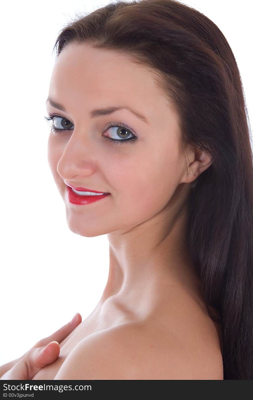 Portrait of the brunette with blue eye on white background