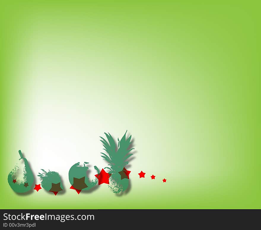 Green background with red stars and various fruits