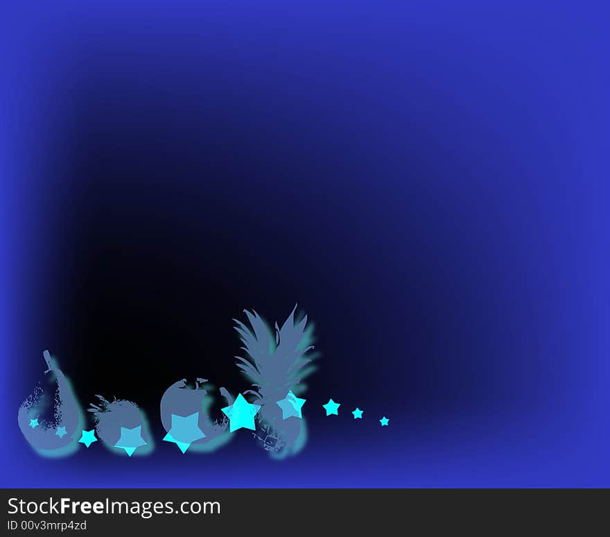 Blue illustration with stars and various fruit shapes. Blue illustration with stars and various fruit shapes