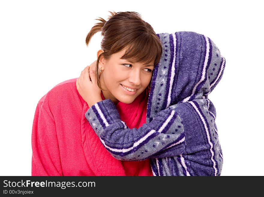 Mother and child dressed bathrobes over white