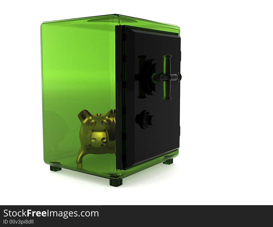 Pig a coin box in the transparent green safe