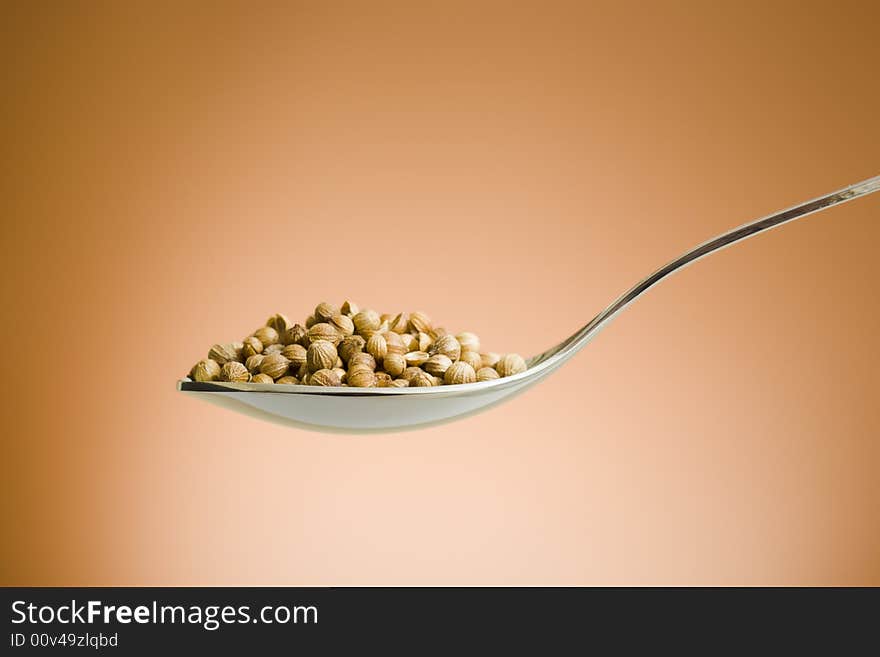 Metal spoon filled with coriander seed over brown background. Metal spoon filled with coriander seed over brown background