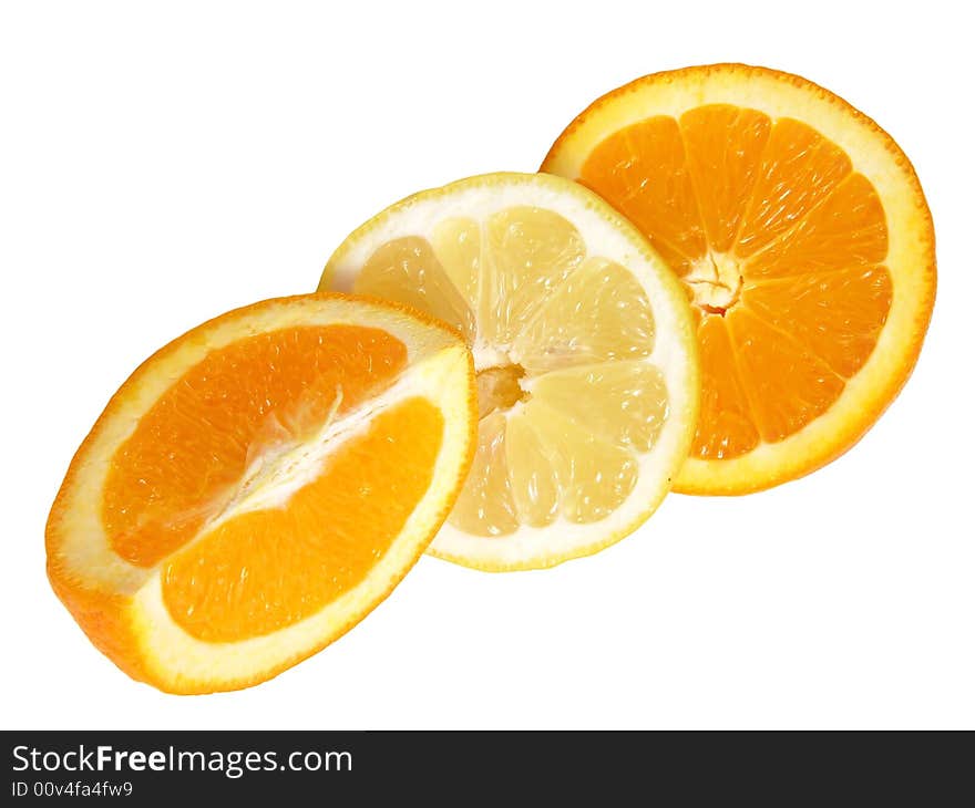 Juicy orange and lemon slices isolated