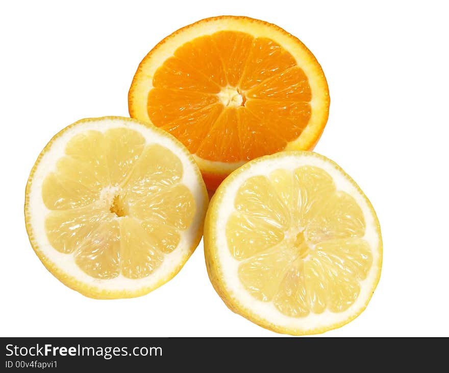 Juicy orange and lemon slices isolated