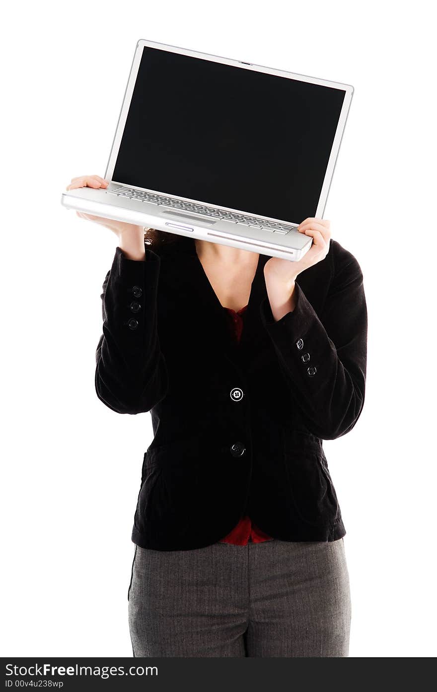 Business person holding a laptop on white. Business person holding a laptop on white