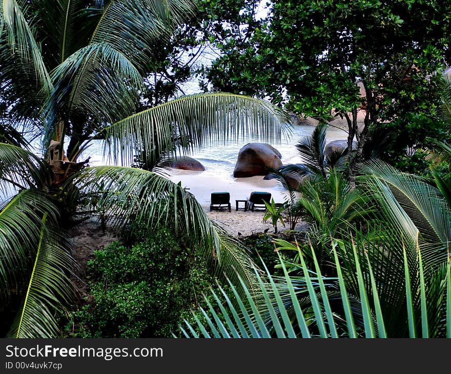 Thick tropical vegetation surrounding this white beach and separated from the crowd. Thick tropical vegetation surrounding this white beach and separated from the crowd